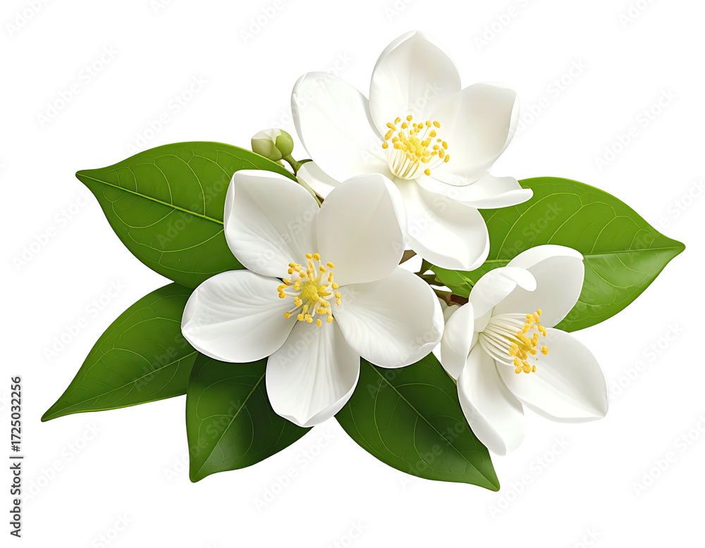 Obraz premium Close-up of three white jasmine flowers with green leaves