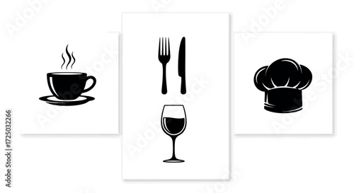 A black silhouette of a steaming coffee cup and saucer a fork and knife and a wine glass isolated on transparent background silhouette