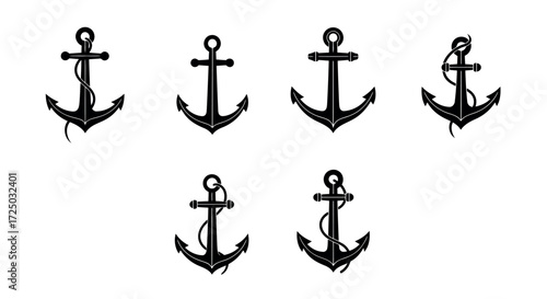 Collection of seven vintage nautical anchor silhouettes in black isolated on transparent background representing maritime adventure and seafaring traditions silhouette