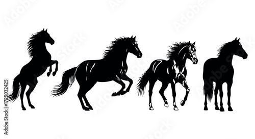 Four striking black horse silhouettes in dynamic poses showcasing their powerful musculature and flowing manes isolated on transparent background silhouette