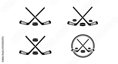 Four stylized black hockey stick and puck silhouettes representing the sport of ice hockey isolated on transparent background