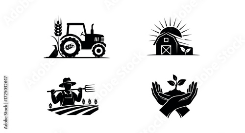 Collection of four rustic black and white farm and agriculture themed silhouette icons representing a tractor a barn with sun a farmer with pitchfork and a seedling in hands isolated on transparent ba