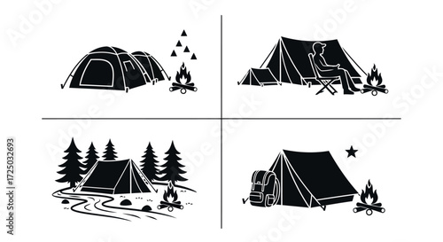 Four black silhouette illustrations of camping scenes including tents campfires trees and outdoor equipment isolated on transparent background silhouette