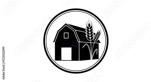 A rustic black silhouette of a barn with tall wheat stalks growing beside it enclosed within an oval frame isolated on transparent background