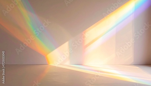 ニュアンスカラーのベージュの壁に差し込む光が作り出す虹色のプリズムと幻想的な光の帯