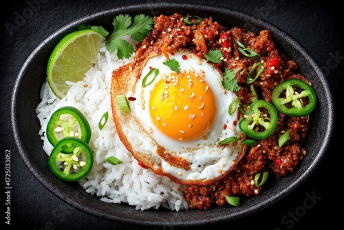 Tempting bowl of spicy ground meat topped with a perfectly fried egg served over fluffy rice and garnished with green onions, cilantro, lime, and slices of jalapeno creating a delicious