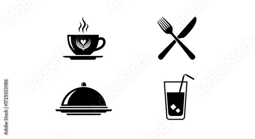 Four black silhouette icons representing food and drink services including a hot steaming coffee cup crossed fork and knife a cloche or food cover and a refreshing beverage with a straw isolated on tr