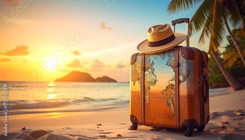 Suitcase on beach at sunset #1725033219