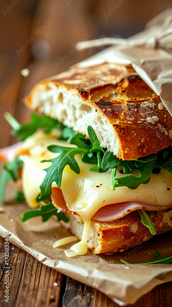 Obraz premium Ham sandwich with melted cheese and fresh arugula wrapped in rustic brown paper. Appetizing food