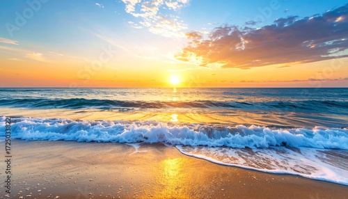 Scenic View of Ocean Horizon at Sunrise with Peaceful Waves on Sandy Shore Highlighting Coastal Beauty and Calm Water