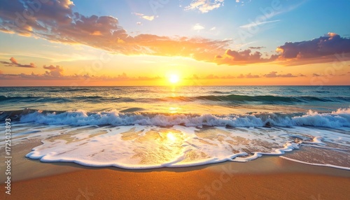 Sunrise Over Coastal Ocean with Calm Waves Hitting the Beach, Creating a Serene and Tranquil Water Landscape