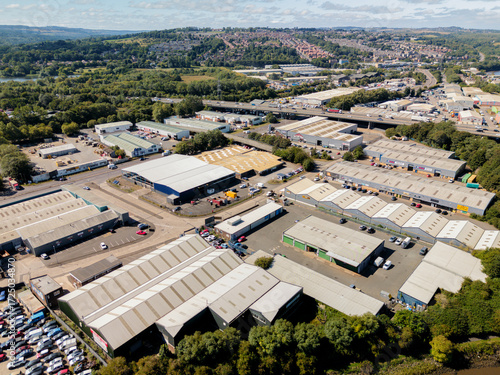 Blaydon on Tyne UK: 15th August 2025: Blaydon Industrial Estate, featuring various warehouses and commercial units amidst greenery