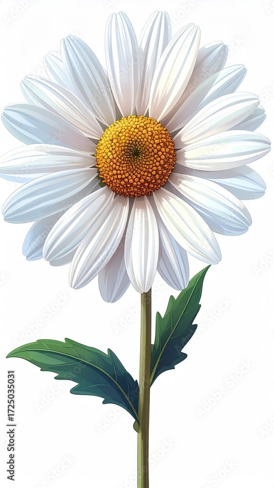 Naklejka premium A single, meticulously rendered daisy with crisp white petals, a vibrant yellow center, and two dark green leaves on a slender stem, set against a stark white background