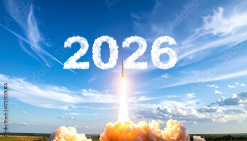 2026 A Vision of the Future - Rocket Launch Amidst Cloud-Formed Numbers
