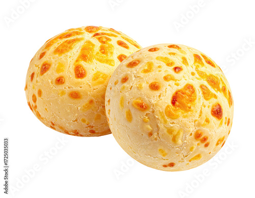 Two round, golden-brown cheese buns, close-up.  Melted cheese is visible on the surface