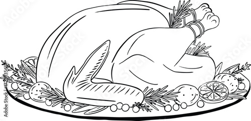 hand drawn Roasted Turkey with Garnish on Platter silhouette vector illustration