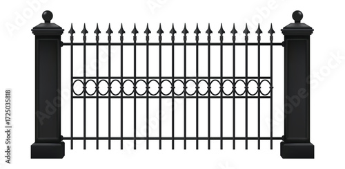 Black Wrought Iron Fence with Spear Points and Ornate Circle Design Security Architecture Decorative Elements Garden