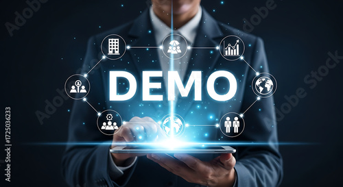 Digital technology and innovation in business, showing a demo with icons and a tablet