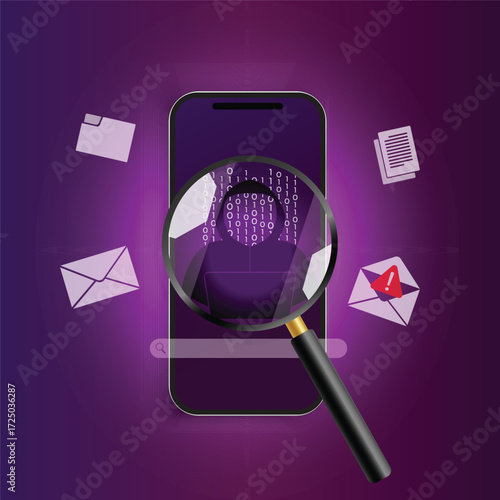 Smartphone screen with magnifying glass revealing hacker identity in binary code, symbolizing cybersecurity, hacker attack, email scam, and online fraud detection.  
