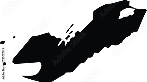 Black abstract silhouette of a tool-like shape with a jagged, splattered ink effect on a white background.