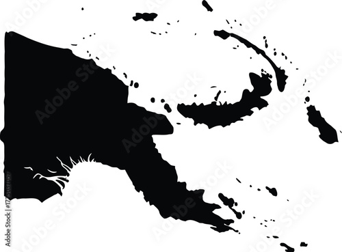 A black silhouette map of Papua New Guinea, showing its mainland and surrounding islands on a white background.
