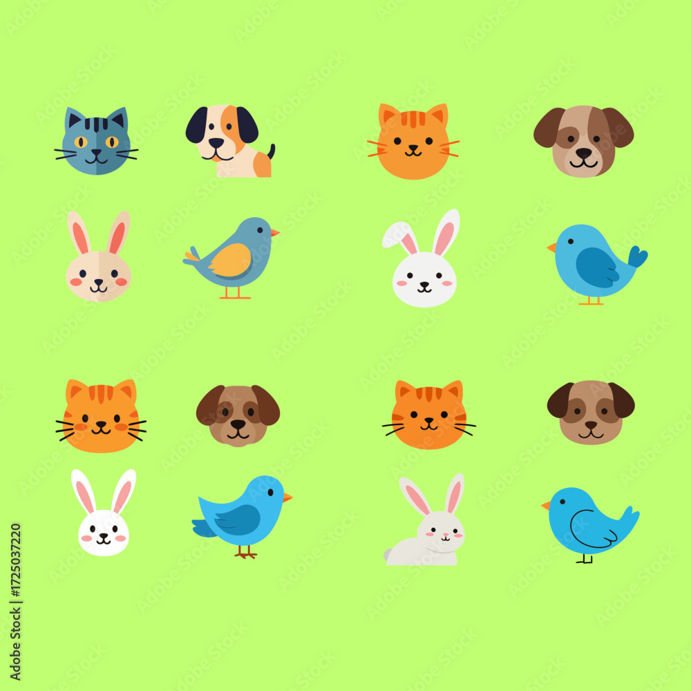 Naklejka premium animal vector of Flat design animal icon set: cat, dog, rabbit, bird