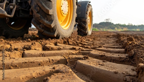 Close-up of large tractor tires leaving deep tracks in tilled, brown earth; sunlit field background