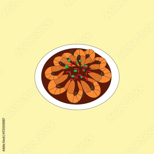 Prawn curry dish in a bowl presentation vector illustration. 