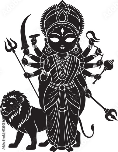 Powerful Silhouette of Hindu Goddess Durga with Lion