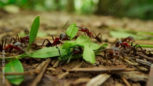 Red ants carrying leaves on forest floor
