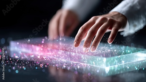 Hands Interact with Glowing Holographic Display on Dark Reflective Surface