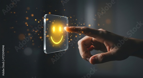 Glowing Smiley Face Being Touched by Hand on Dark Background