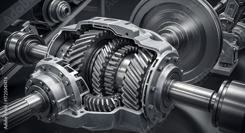 Close up view of a complex automotive differential mechanism