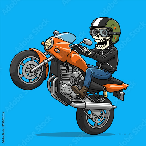 A cartoon skeleton rides an orange motorcycle, popping a wheelie with bold style and Halloween flair.
