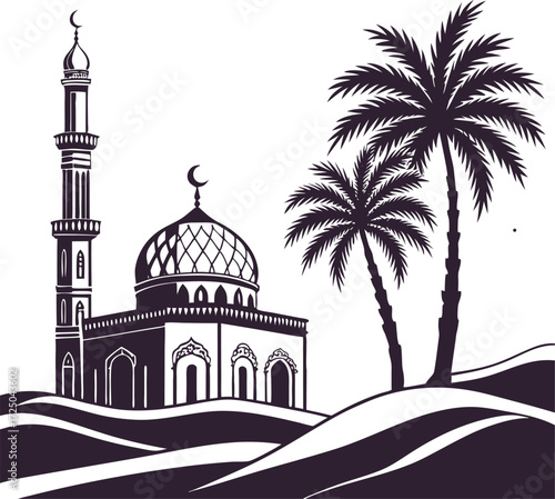 Mosque and Palm Trees Silhouette Vector Art