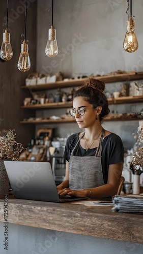 Woman working on laptop in cafe