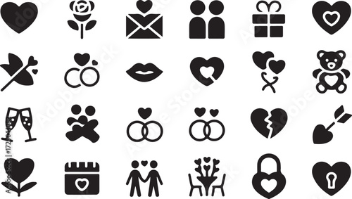 Collection of black love and romance icons on white background heart rose