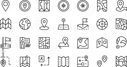 Collection of black outline icons representing maps location pins compass and globe