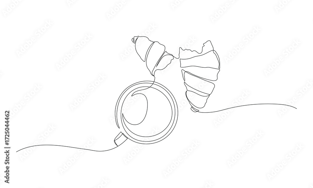 Obraz premium cup of coffee or tea and croissant continuous one line drawing, editable stroke