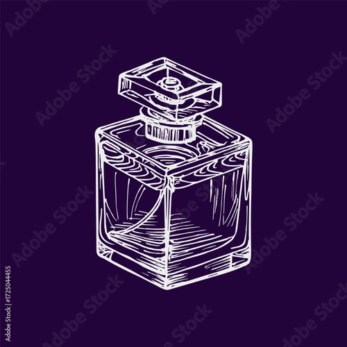 Sketch illustration of a perfume bottle. Fashion, cosmetics. Outline drawing in engraving style. Hand-drawn vector line art clipart, isolated