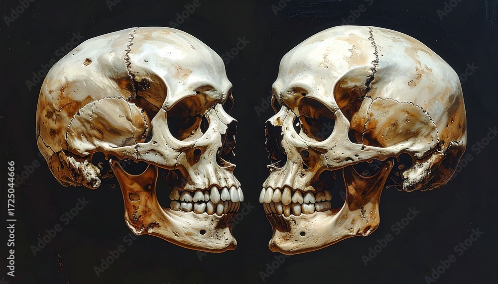 Naklejka premium Two skulls face each other in profile, detailed painting