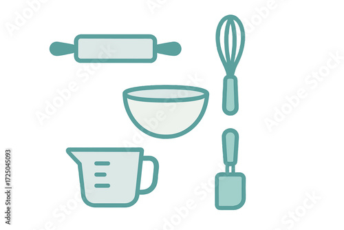 Essential baking tools and kitchen utensils set including rolling pin, whisk, bowl, measuring cup, and spatula for cooking and pastry preparation