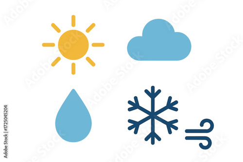 Collection of essential weather forecast symbols including sun, cloud, rain, snowflake, and wind for climate representation