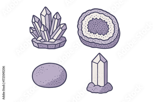 Assortment of stylized purple and white crystal formations, raw gemstones, and geode cross-section designs