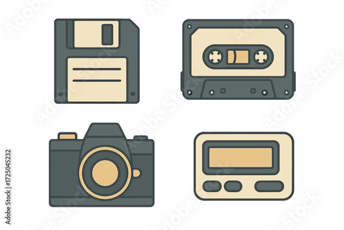 Retro technology icons collection featuring classic floppy disk, audio cassette, film camera, and pager designs