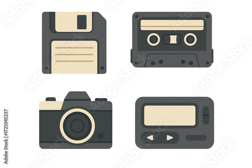 Retro technology gadgets: floppy disk, audio cassette, vintage camera, classic pager on white background