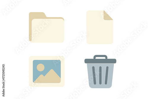 Modern digital interface icons for computer functions: file storage, document handling, image display, deletion
