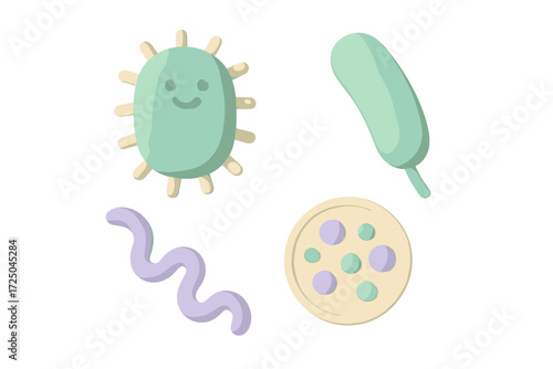 Adorable pastel colored microscopic organisms featuring friendly bacteria and various germ shapes for biology and health concepts