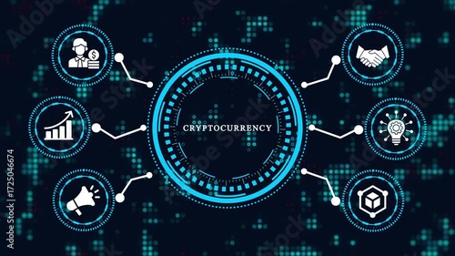 Digital concept of cryptocurrency system with interconnected icons representing business, growth, marketing, agreement, idea, and security on a dark technological background