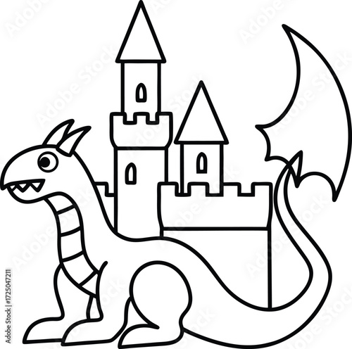 magical dragon and castle coloring page illustration on transparent background